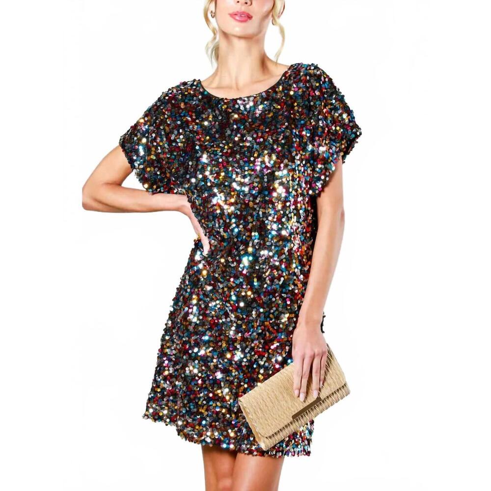 NEW PINKBLUSH bright sequin boat neck mini dress in black multi - Picture 1 of 4